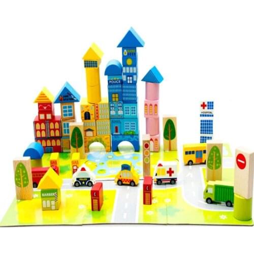 Wooden balls 62 city blocks DX36 traffic scene chunk wooden childrens educational toys barrels