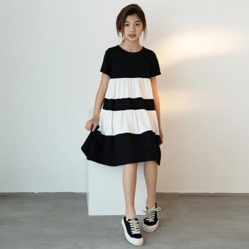 Children Dress for Girl 2021 Girls Dress Summer Cotton Short Sleeve Kids Clothes Black White Beach Costume 8-16 Y