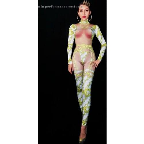 Gold embroidery jumpsuit game stage performancewear birthday party live show bar outfit cute sweet costume exotic noverty