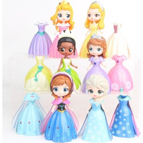 Disney Princesses Toys Action Figures Dolls 12pcs/Set Frozen Elsa Anna Sofia Amber Aurora Tiana Dress Can Be Changed
