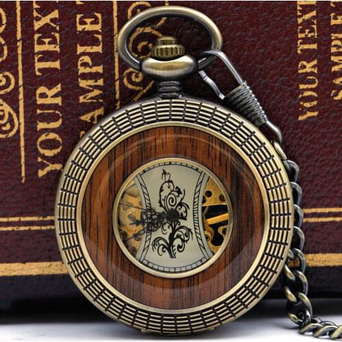 Best Vintage Wood Circle Carved Romen Number Dial Mechanical Pocket Watch Men Bronze Mechanical Clock With Fob Chain PJX051