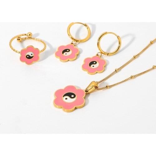 Minar Romantic Pink Color Enamel Flowers Tai Chi Pringt Pendant Earrings for Women Ladies Hollow Circle Hoop Earrings Oorbellen