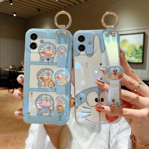 Cartoon Bling Wrist Band Doraemon Phone Case For Iphone 12 Pro Max 11 7 8Plus XR XS MAX Wristband Soft Cover Accessories Coque