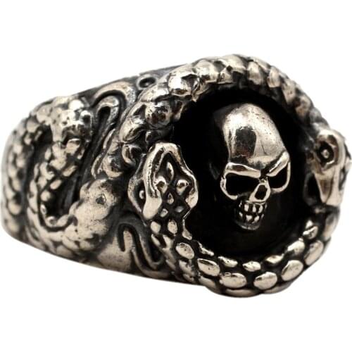 BOCAI 2021 Trend Handmade Punk Vintage Jewelry Real S925 Silver Personalized Python Winding Skull Man Ring