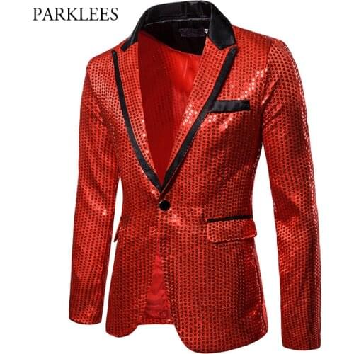 Red Shiny Sequin Mens Suit Jacket One Button Glitter Blazer Men Fashion Nightclub Prom Singer Stage Chaqueta Hombre XXL