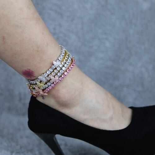 New design Hip Hop Jewelry Iced Out Anklet Crystal cz tennis Chain for Women Fashion Bling Butterfly Charm Anklet Foot Jewelry