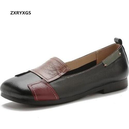 New Mixed Colors Stitching Top Cowhide Leather Shoes Women Flats Soft Sole Comfortable Shoes Fashion Casual Shoes Woman Shoes