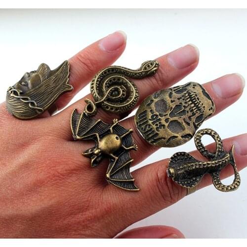 Vintage Snake Rings for Women Wizard Bat Skull Jesus Adjustable Ring Halloween Bronze Retro Gothic Jewrlry Wholesale VGR009