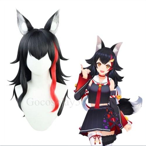 VTuber Ookami Mio Wig Ears Hololive Gamers Black Red Highlight Long Neta Wolf Girls Cosplay Synthetic Hair Role Play