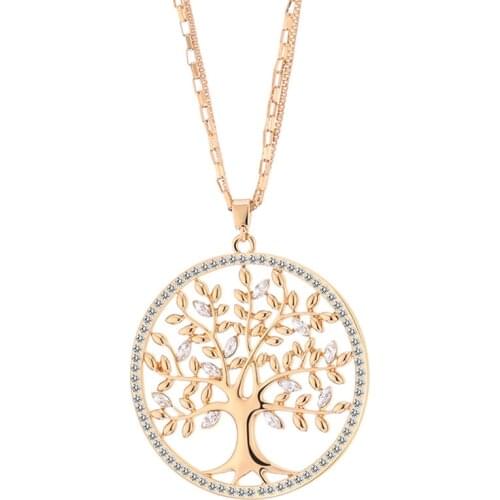 Plant Tree of Life Big Pendant Necklace Gold Color Round Geometric Double Layer Chain Stainless Steel Jewelry Women Trendy Gift
