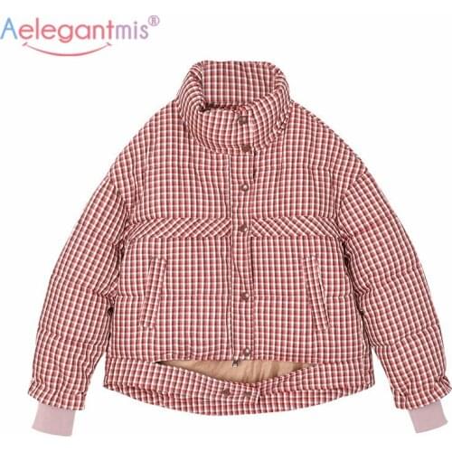 Aelegantmis Vintage Plaid Winter Warm Parkas Coat Women Sashes Fashion Stand Collar Loose Coats Female Korean Thicken Outerwear
