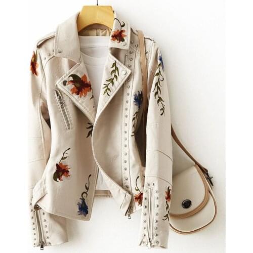 Black Punk Outerwear New Women Retro Floral Print Embroidery Faux Soft Leather Jacket Coat Turndown Collar Pu Moto Biker XXL