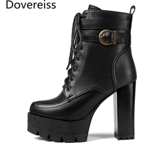 Dovereiss Fashion Womens Shoes Winter Pure color Platform new Block heels Buckle army green Cross tied Round toe Short boots