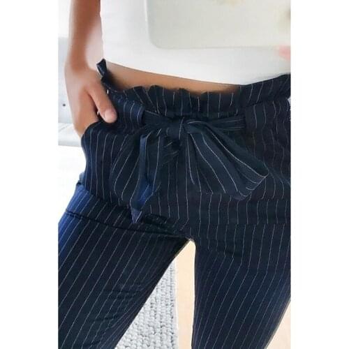 2020 Women Fashion Casual OL Pencil Pants Bow Tie Drawstring Sweet Elastic Waist Pockets Casual Trousers Slim Strip Pants