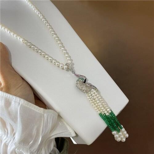 Womens jewelry 7-8mm 75+15cm micro inlaid zircon green accessories white freshwater pearl necklace