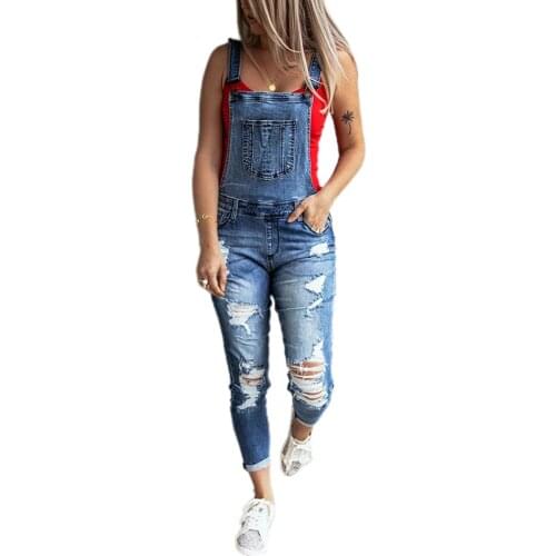 2020 New Spring Women Overalls Cool Denim Jumpsuit Ripped Holes Casual Jeans Sleeveless Jumpsuits Hollow Out Rompers 2XL