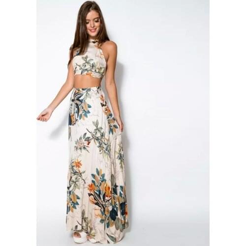 Summer Women Sexy Halter Crop Top and Long Skirts Set Party Maxi Clothes sets Backless Bandage Flower Sleeveless Dress Vestidos
