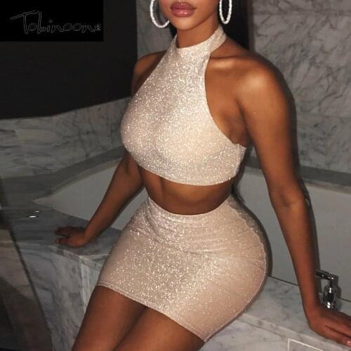 Tobinoone Sparkle Glitter Dress Women Sexy Halter Party Nightclub Bodycon Dresses Summer Strapless Backless Mini Dress Vestidos