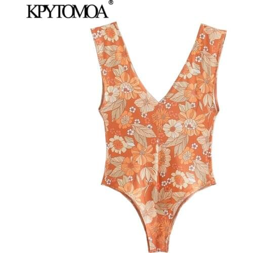 KPYTOMOA Women 2021 Fashion Floral Print Skinny Bodysuits Vintage Deep V Neck Backless Beach Female Playsuits Mujer