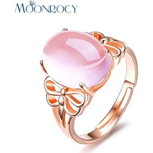 MOONROCY Free Shipping Rose Gold Color Cute Butterfly Ross Quartz Crystal Pink Opal Ring Jewelry Wholesale for Women Girls