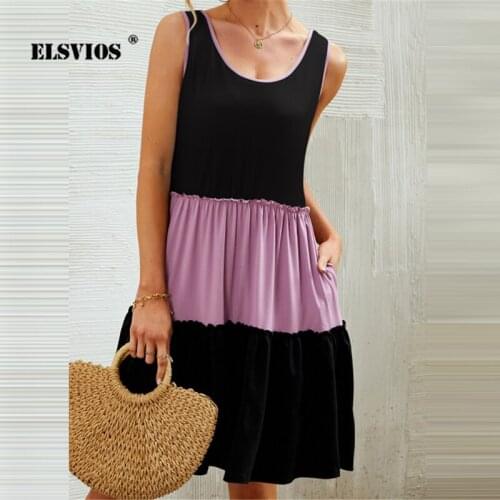 Women Casual Sleeveless Solid Color Sling Tank A-line Dress Summer Fashion Elegant Contrast Patchwork Pocket Pullover Slim Dress