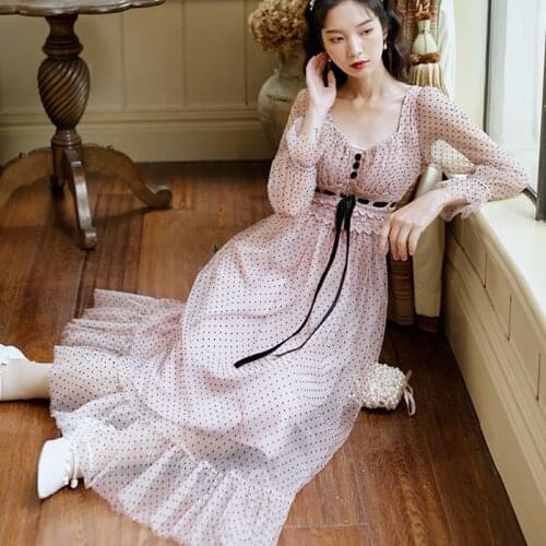 French Vintage Midi Dress Women Long Sleeve Square Collor Office Elegant Dress Female 2021 Spring Dot Dress Korean