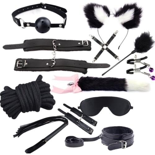 12Pcs PU Leather Sex Handcuffs bdsm Bondage Set Footcuff gag Whip Rope Blindfold Cute Metal Fox Tail Anal Plug Sex Toy For Woman