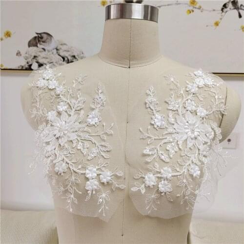 4 PCS French Lace Wedding Dress Applique DIY Bridal Headdress Ivory Lace Collar Lace Fabric Patch With Sequins And Beads