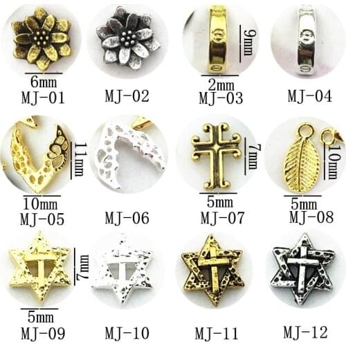 50pcs/pack metal nail art vintage flower ring wing leaf hexagon cross 3d jewelry gel nails sticker decoration art tools