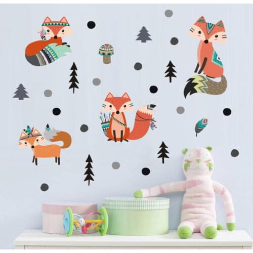 Vacclo Indian Style Animal Fox Pine Tree Wall Stickers Childrens Room Living Room Bedroom Self-adhesive Paper Wallpaper Sticker