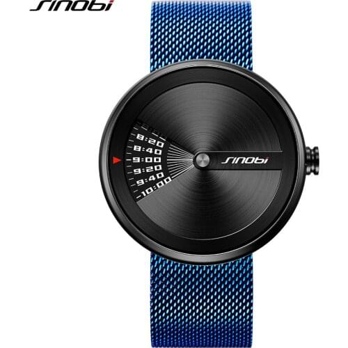 SINOBI Blue Quartz Watches Men Top Luxury Brand Sports Clock Wristwatches Fashion Mens Stainless steel Mesh Band Unisex Watch