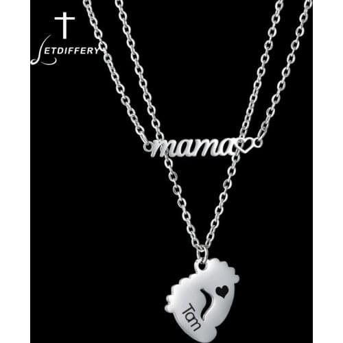 Letdiffery Custom Baby Feet Names Necklace Stainless Steel Personalized Engrave Nameplate Date Choker for Mom Baby Birthday Gift