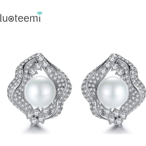 LUOTEEMI 2017 Newest Arrival White Gold-Color With Sythetic Pearl Stud Earrings For Women Bijoux Bridesmaid Wedding Jewelry Gift