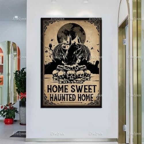 Skull And Black Cat Lovers Home Sweet Haunted Home Retro Poster Witch Witchcraft Halloween Home Decor Prints Wall Art Canvas