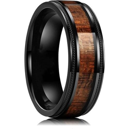 2021 Punk Vintage Brown Wood Grain Stainless Steel Rings for Men Anniversary Wedding Jewelry Accessories Fashion Black Men Rings
