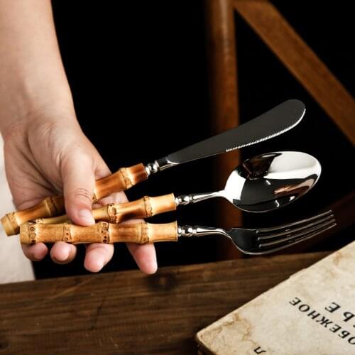 Bamboo Tableware Stainless Steel Steak Knife, Fork and Spoon Mirror 5-Piece Set Tableware Set