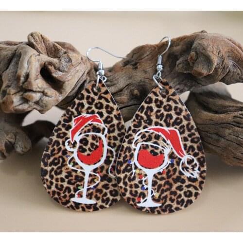 New European and American Christmas Creative Red Wine Glass Leopard Print Leather Earrings Double-sided Printing Gifts Wholesale
