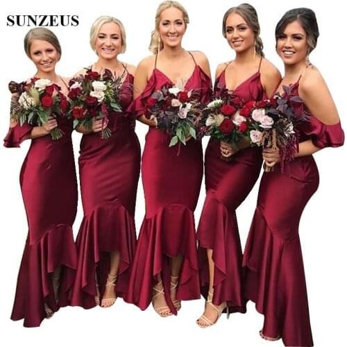 Burgundy Mermaid Bridesmaid Dresses High Low Spaghetti Strap V-neck Tea length Party Gowns ladies dresses for wedding party