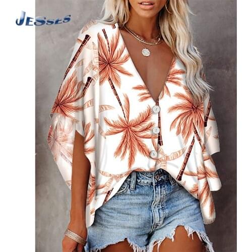 Summer Maple Leaf Print Short Sleeves Shirt Loose Short Sleeve Fashion Top Ladies V-neck Streetwear Plus Size Buttons Blouse Tee