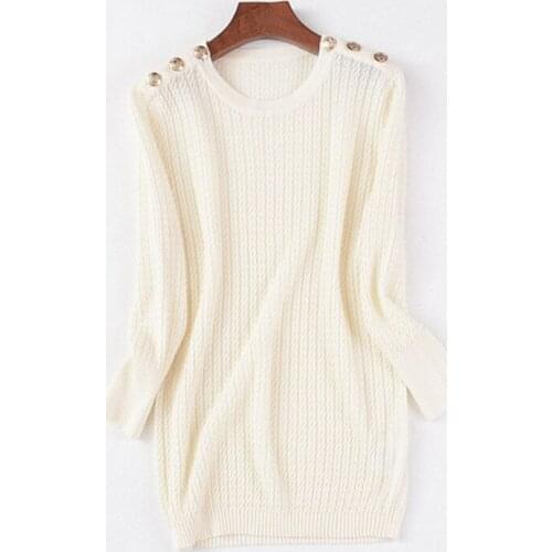 Wool polyester blend knit women England style Oneck thin pullover sweater 7th sleeve S-L retail wholesale