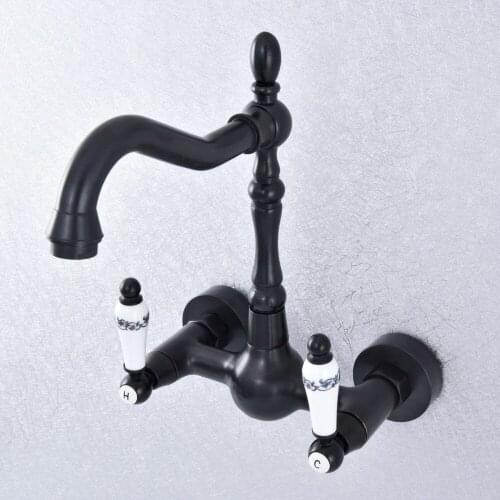 Kitchen Wet Bar Bathroom Vessel Sink Faucet Black Oil Rubbed Brass Wall Mounted Swivel Spout Mixer Tap Dual Ceramic Lever msf703