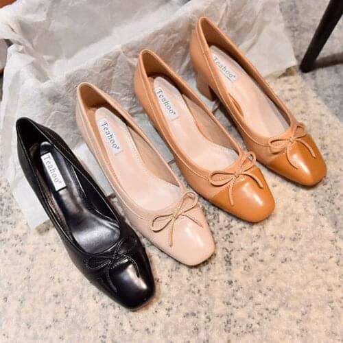 Bow-Knot pumps woman shiny leather patchwork mary jane shoes square toe ladies office shoes thick med-high heels shoes women2020