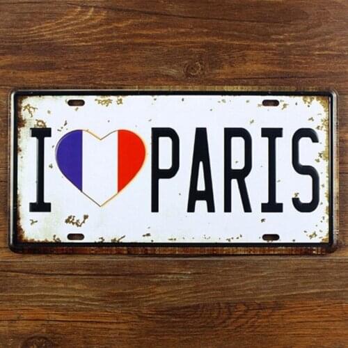 Vintage Car License Plate Tin Sign Decor Metal Bar Beer Poster I Love Paris 15x30CM