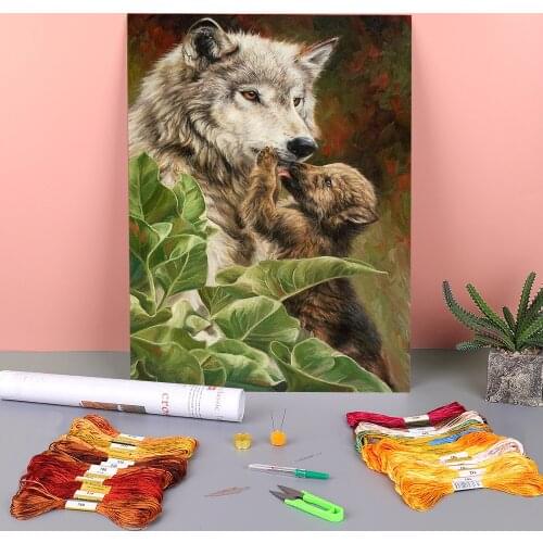 Animal Wolf Printed Water-Soluble Canvas 11CT Cross Stitch DIY Embroidery Complete Kit DMC Threads Handiwork Decor