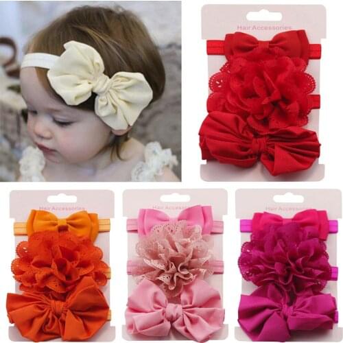 Yundfly 3pcs/set Kids Elastic Floral Headband Baby Girls Bowknot Solid Color Children Hair Turban Headwear Set
