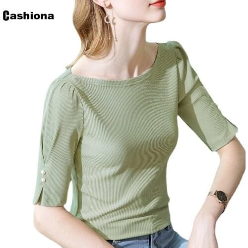 Women Elegant Leisure Casual T-shirt Patchwork Tees Plus size Femme Top Knitted Pullovers 2021 Summer Half Sleeve Button T shirt