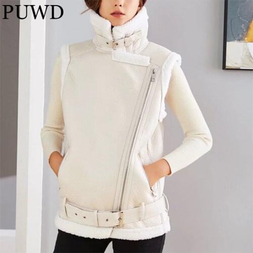 PUWD Slim Women Faux Leather Fur Vest Jacket Winter 2021Retro Streetwear Buckle Belt Fashion Cool Warm Burrs Female Chic Outwear