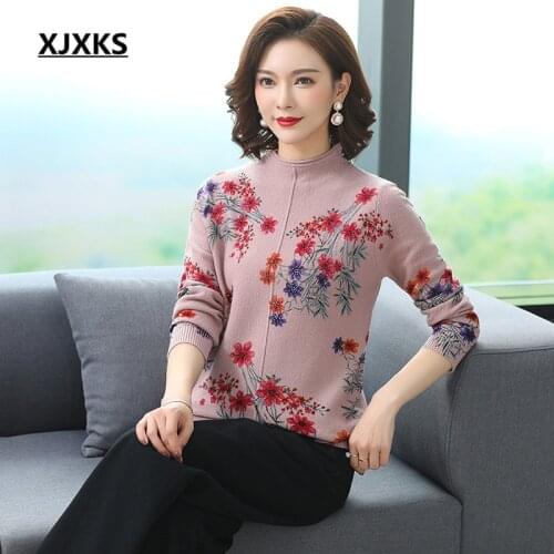 XJXKS Plus size 100% pure wool knitted sweater women pullover 2020 spring new fashion printing casual women turtleneck sweater