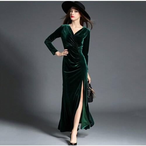 Robe Longue Femme Soiree Ladies Winter Dress Women Long Sleeve Vintage Green Red Velvet Dress Sexy Evening Party Dresses Maxi
