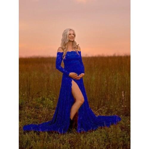 Womens Lace Neck Lace Slit Tailing Pregnant Women Photo Photo Memorial Book Elegant One-Piece Long Skirt Photography Dress